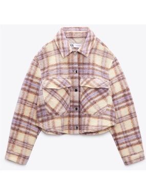 Zara Cream & Lavender Plaid Cropped Wool Blend Jacket / Shacket